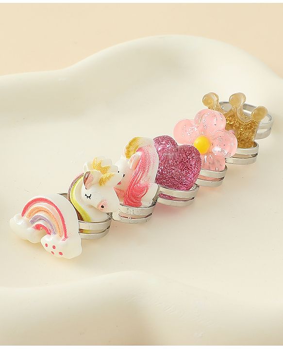 Babyhug Finger Ring Set With Floral Rainbow & Unicorn Applique Pack of  6- Multi Colour