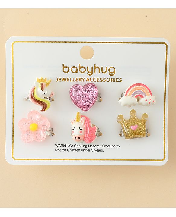 Babyhug Finger Ring Set With Floral Rainbow & Unicorn Applique Pack of  6- Multi Colour