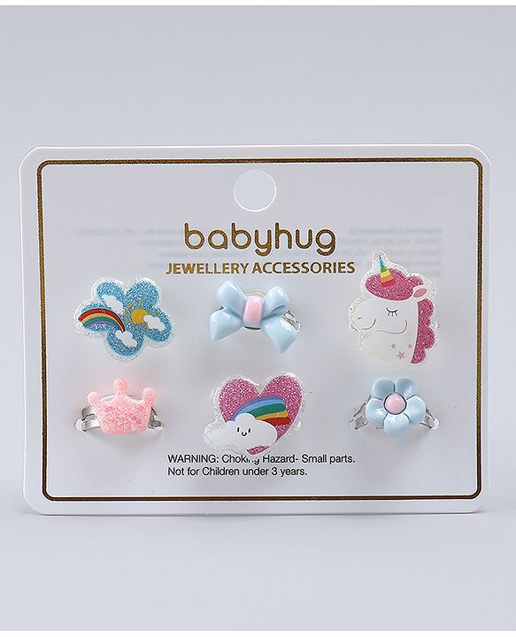Babyhug Finger Ring Set With Floral Bow & Unicorn Applique Pack of  6- Multi Colour