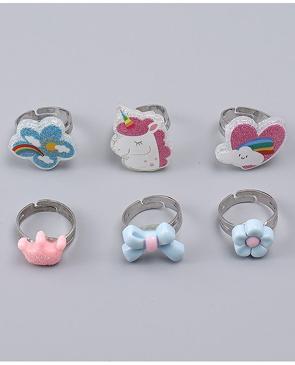 Babyhug Finger Ring Set With Floral Bow & Unicorn Applique Pack of  6- Multi Colour
