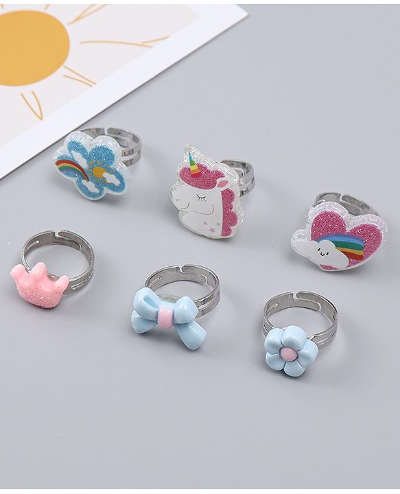Babyhug Finger Ring Set With Floral Bow & Unicorn Applique Pack of  6- Multi Colour