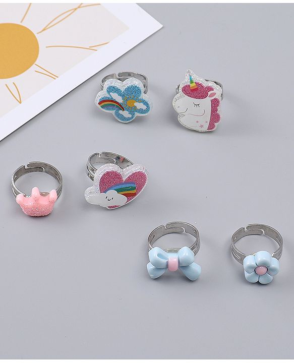 Babyhug Finger Ring Set With Floral Bow & Unicorn Applique Pack of  6- Multi Colour