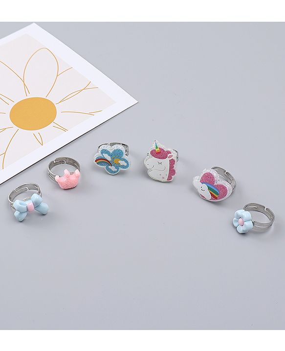 Babyhug Finger Ring Set With Floral Bow & Unicorn Applique Pack of  6- Multi Colour