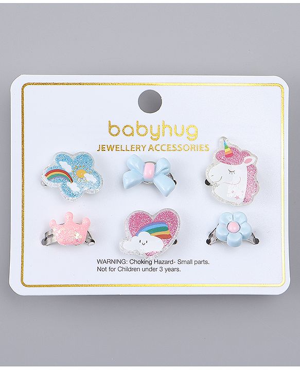 Babyhug Finger Ring Set With Floral Bow & Unicorn Applique Pack of  6- Multi Colour