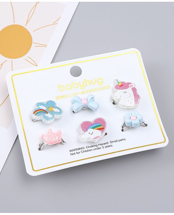 Babyhug Finger Ring Set With Floral Bow & Unicorn Applique Pack of  6- Multi Colour