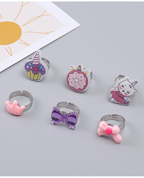 Babyhug Finger Ring Set With Cupcake Bow & Cat Applique Detailed Pack of  6- Multi Colour