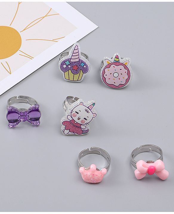 Babyhug Finger Ring Set With Cupcake Bow & Cat Applique Detailed Pack of  6- Multi Colour