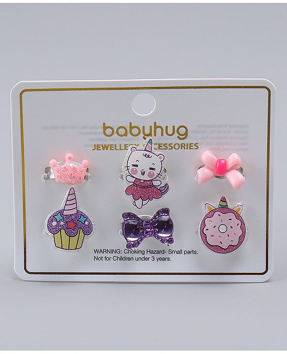 Babyhug Finger Ring Set With Cupcake Bow & Cat Applique Detailed Pack of  6- Multi Colour