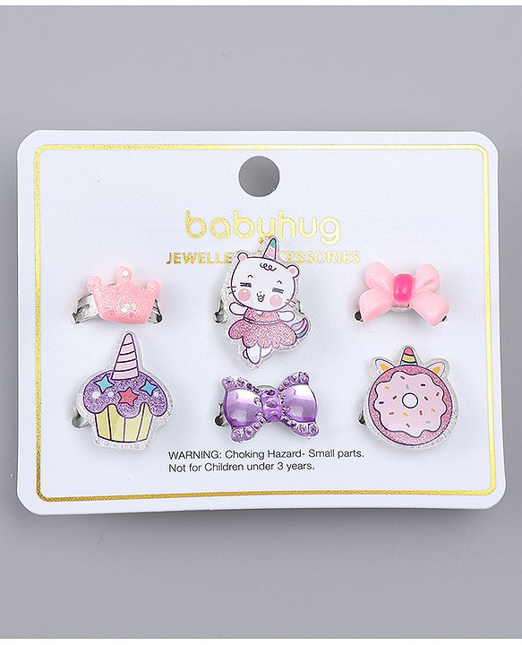 Babyhug Finger Ring Set With Cupcake Bow & Cat Applique Detailed Pack of  6- Multi Colour