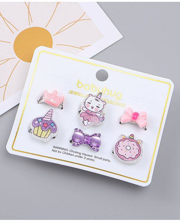 Babyhug Finger Ring Set With Cupcake Bow & Cat Applique Detailed Pack of  6- Multi Colour