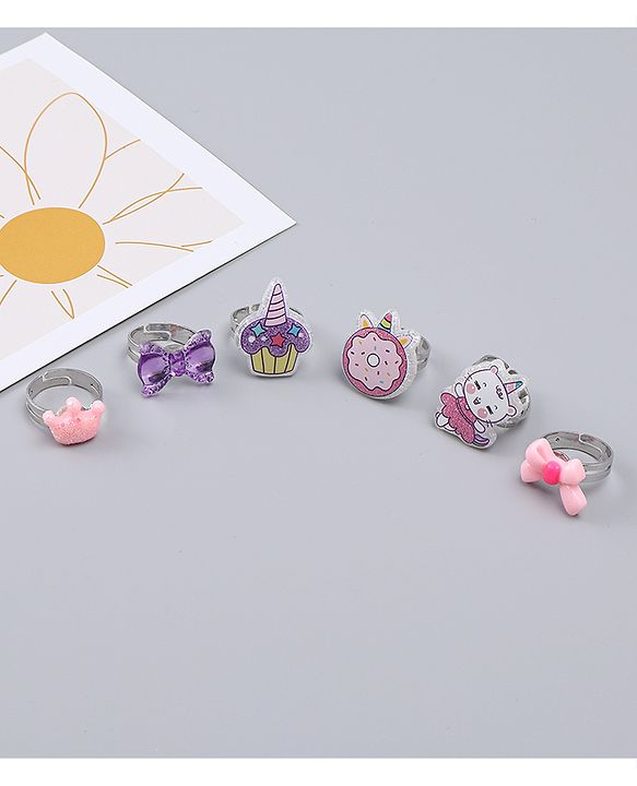 Babyhug Finger Ring Set With Cupcake Bow & Cat Applique Detailed Pack of  6- Multi Colour