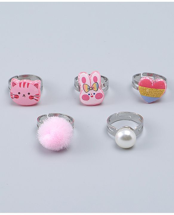 Babyhug Finger Ring Set With Cat Bunny & Pearl Applique Pack of  5- Multi Colour