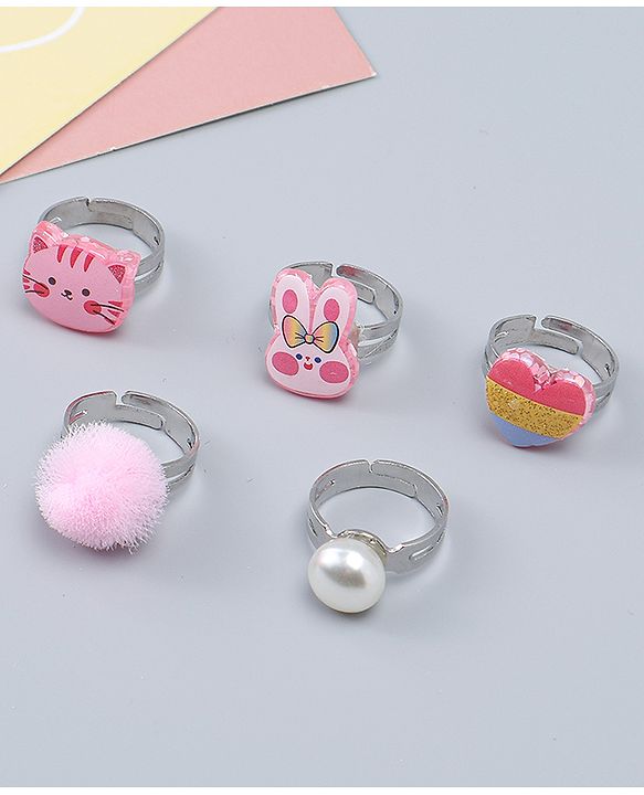 Babyhug Finger Ring Set With Cat Bunny & Pearl Applique Pack of  5- Multi Colour