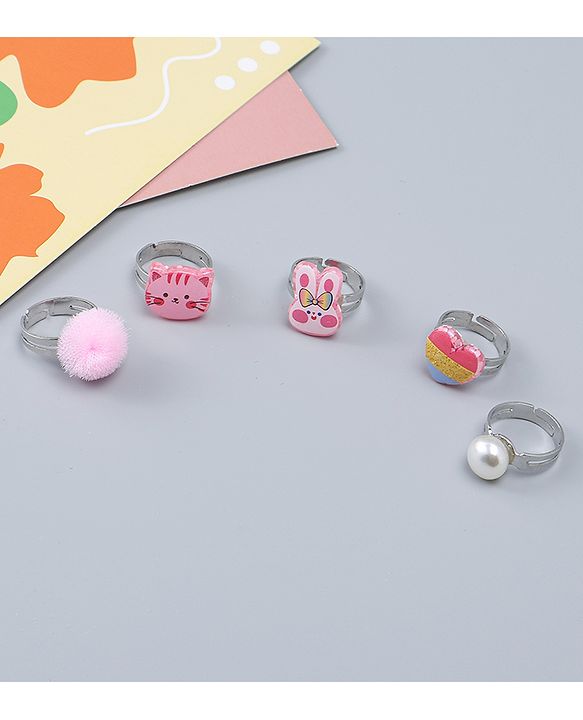 Babyhug Finger Ring Set With Cat Bunny & Pearl Applique Pack of  5- Multi Colour