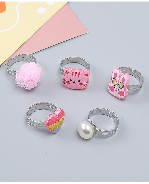 Babyhug Finger Ring Set With Cat Bunny & Pearl Applique Pack of  5- Multi Colour