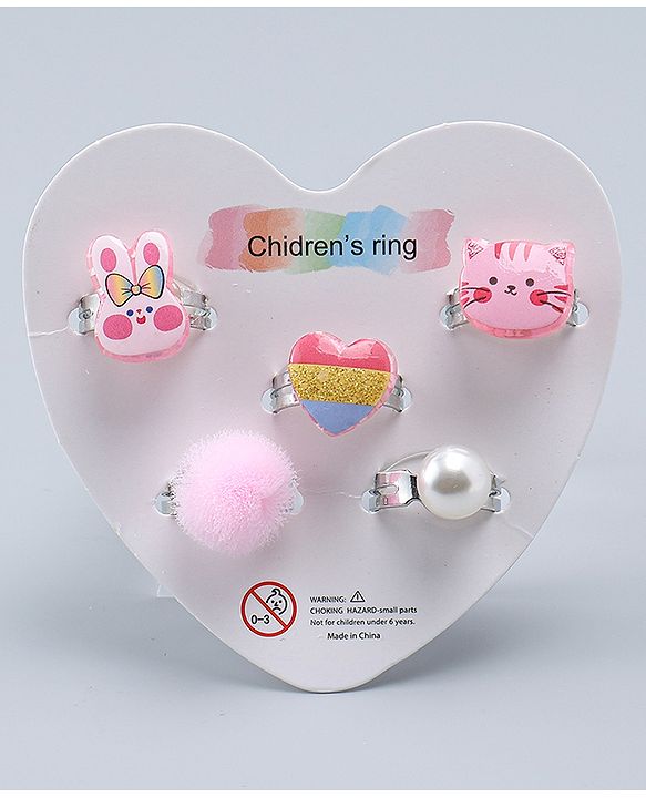 Babyhug Finger Ring Set With Cat Bunny & Pearl Applique Pack of  5- Multi Colour