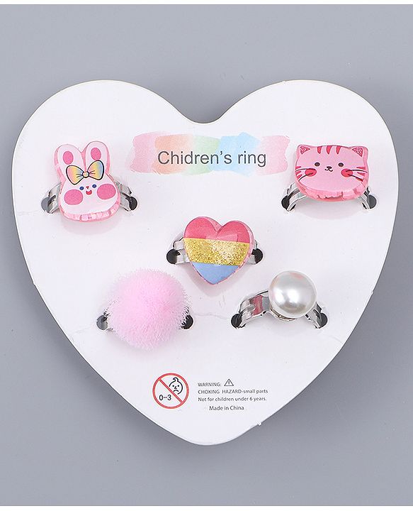Babyhug Finger Ring Set With Cat Bunny & Pearl Applique Pack of  5- Multi Colour