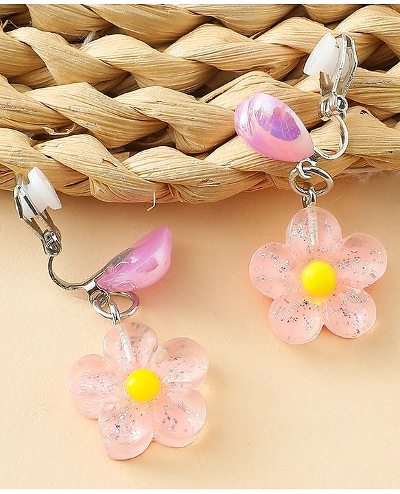 Pine Kids Earrings with Flower Design - Pink