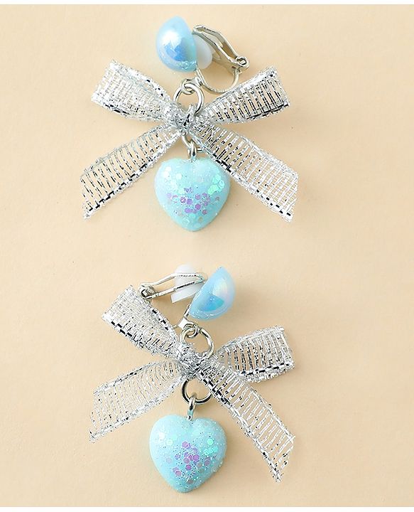Pine Kids Earrings with Bow & Hearts Design - Blue
