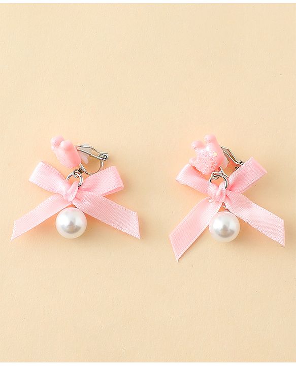 Pine Kids Earrings with Bow  Design - Pink