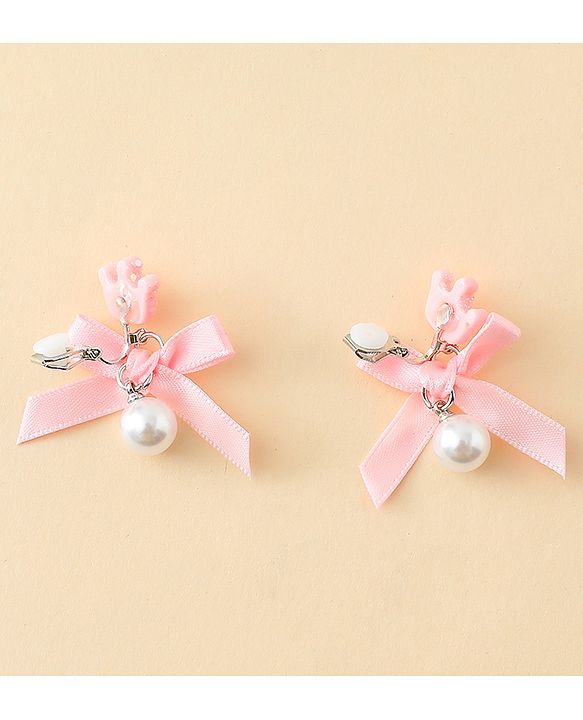 Pine Kids Earrings with Bow  Design - Pink
