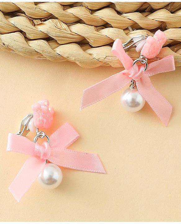Pine Kids Earrings with Bow  Design - Pink