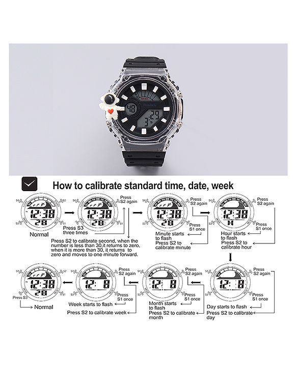 Pine Kids Free Size Digital Watch with Astronaut Applique - Black