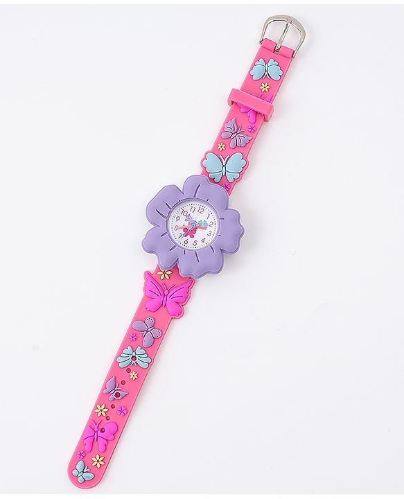 Babyhug Free Size Floral Shaped Analog Watch With Butterfly Applique - Dark Pink