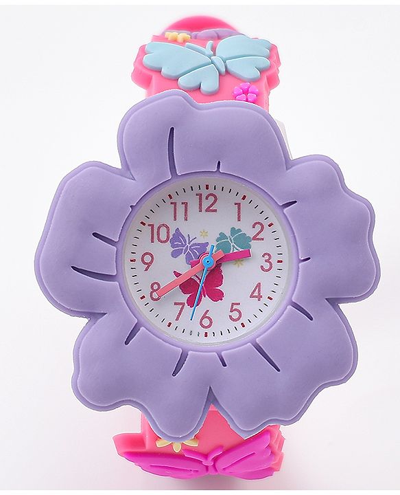 Babyhug Free Size Floral Shaped Analog Watch With Butterfly Applique - Dark Pink