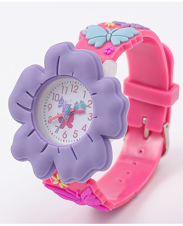 Babyhug Free Size Floral Shaped Analog Watch With Butterfly Applique - Dark Pink