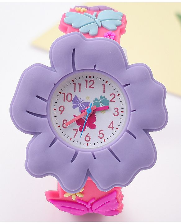 Babyhug Free Size Floral Shaped Analog Watch With Butterfly Applique - Dark Pink