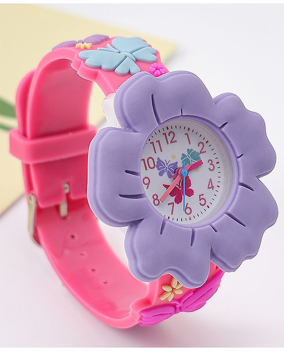 Babyhug Free Size Floral Shaped Analog Watch With Butterfly Applique - Dark Pink