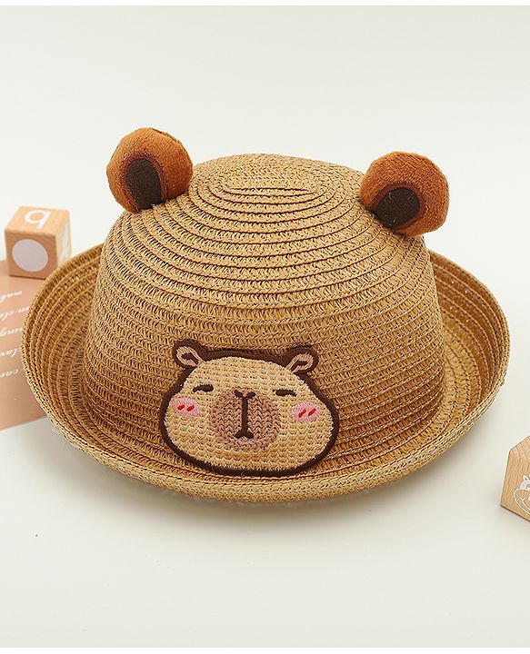 Babyhug Straw Hat With Teddy Bear Patch & Ear Applique Brown - Diameter 16 cm