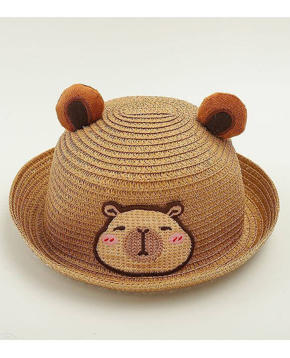 Babyhug Straw Hat With Teddy Bear Patch & Ear Applique Brown - Diameter 16 cm
