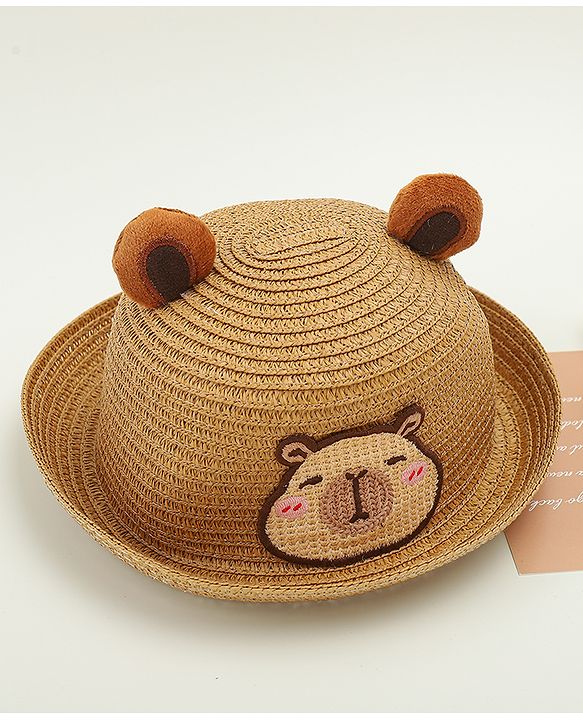 Babyhug Straw Hat With Teddy Bear Patch & Ear Applique Brown - Diameter 16 cm