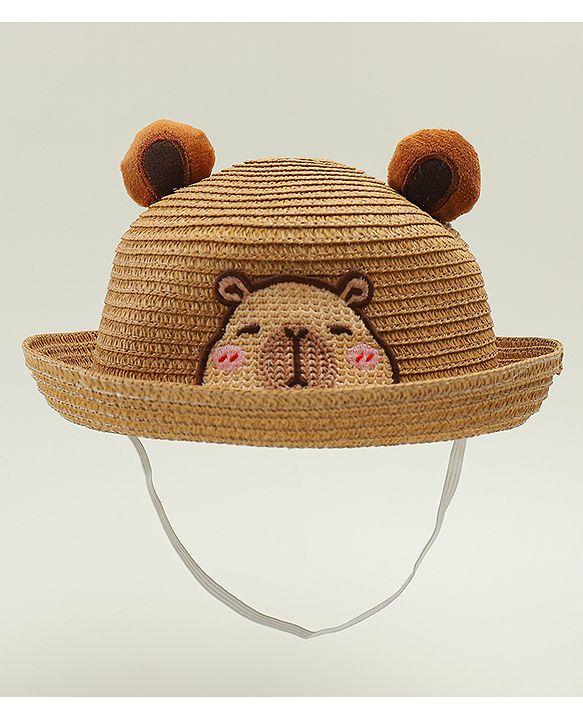Babyhug Straw Hat With Teddy Bear Patch & Ear Applique Brown - Diameter 16 cm
