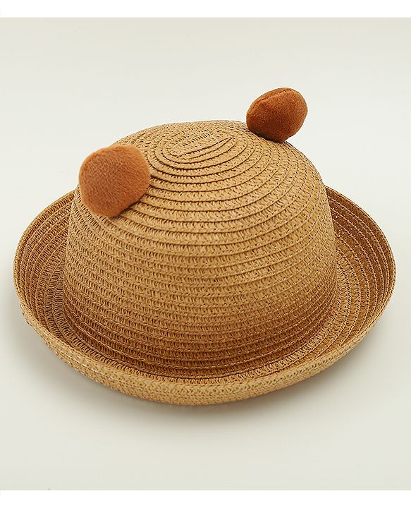 Babyhug Straw Hat With Teddy Bear Patch & Ear Applique Brown - Diameter 16 cm