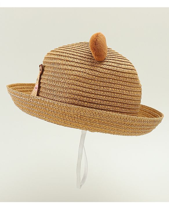 Babyhug Straw Hat With Teddy Bear Patch & Ear Applique Brown - Diameter 16 cm