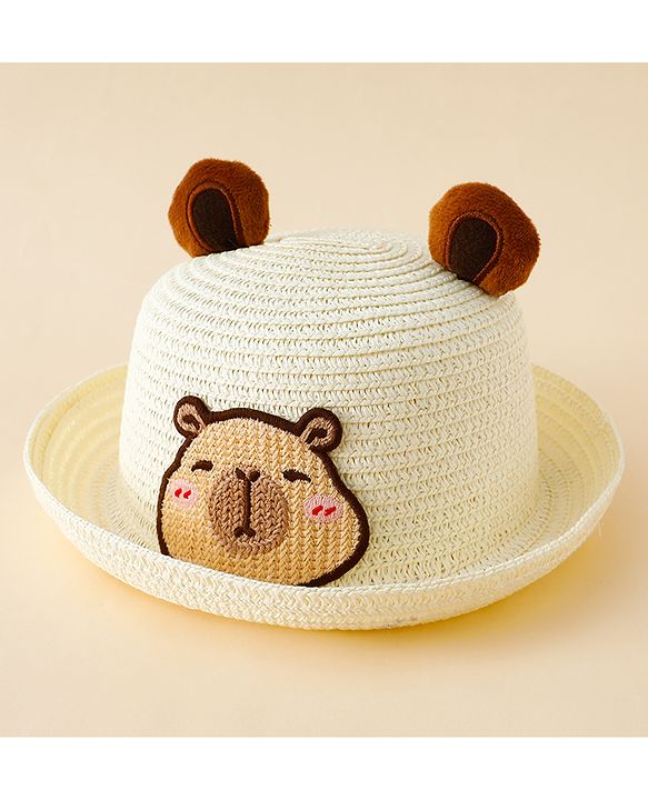Babyhug Straw Hat With Teddy Bear Patch & Ear Applique Off White - Diameter 16 cm