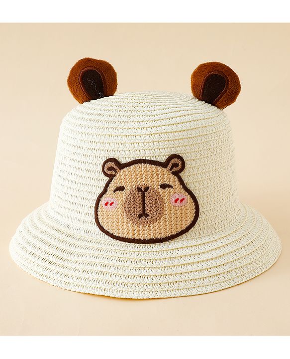 Babyhug Straw Hat With Teddy Bear Patch & Ear Applique Off White - Diameter 16 cm