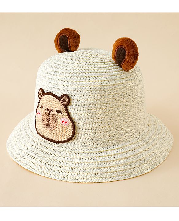 Babyhug Straw Hat With Teddy Bear Patch & Ear Applique Off White - Diameter 16 cm