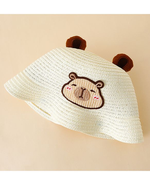 Babyhug Straw Hat With Teddy Bear Patch & Ear Applique Off White - Diameter 16 cm