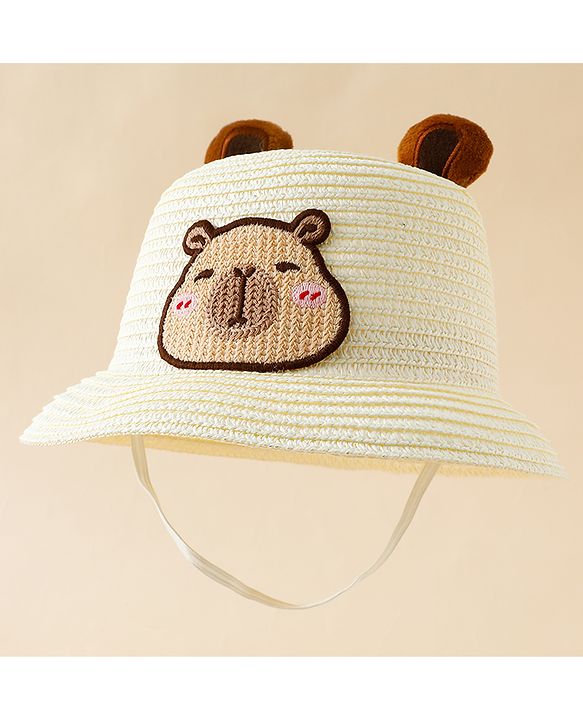 Babyhug Straw Hat With Teddy Bear Patch & Ear Applique Off White - Diameter 16 cm