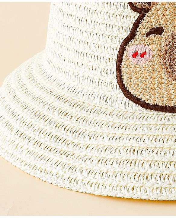 Babyhug Straw Hat With Teddy Bear Patch & Ear Applique Off White - Diameter 16 cm