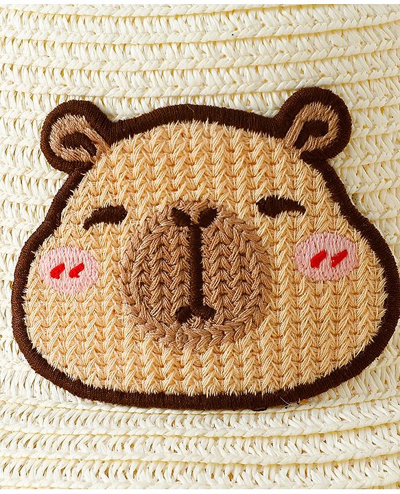 Babyhug Straw Hat With Teddy Bear Patch & Ear Applique Off White - Diameter 16 cm