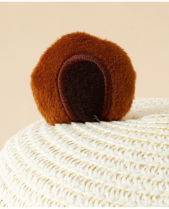 Babyhug Straw Hat With Teddy Bear Patch & Ear Applique Off White - Diameter 16 cm