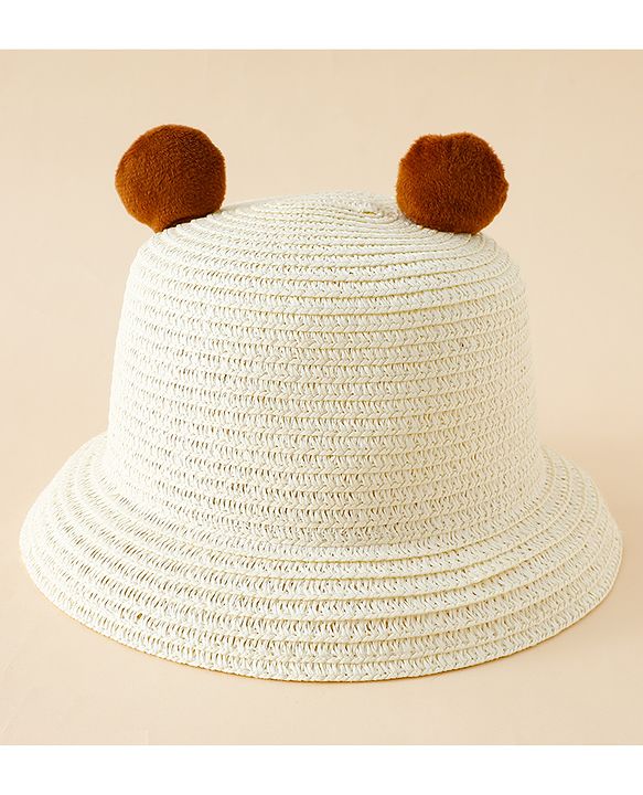 Babyhug Straw Hat With Teddy Bear Patch & Ear Applique Off White - Diameter 16 cm