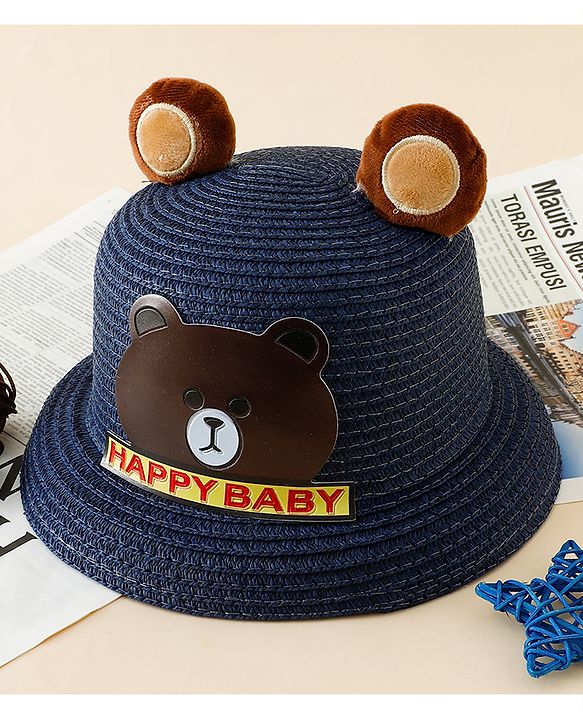 Babyhug Straw Hat With Teddy Bear Patch & Ear Applique Navy Blue - Diameter 17 cm