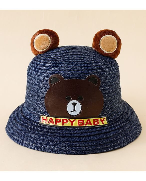 Babyhug Straw Hat With Teddy Bear Patch & Ear Applique Navy Blue - Diameter 17 cm