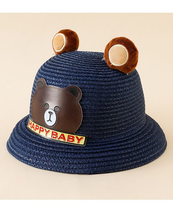 Babyhug Straw Hat With Teddy Bear Patch & Ear Applique Navy Blue - Diameter 17 cm